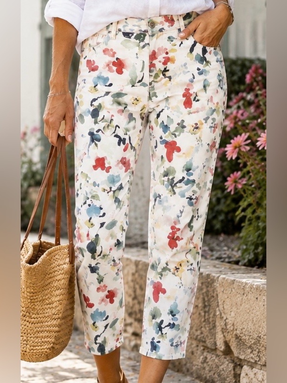 Bellina Watercolor Floral Cropped Jeans Size 8 | Stretch Ankle Pants